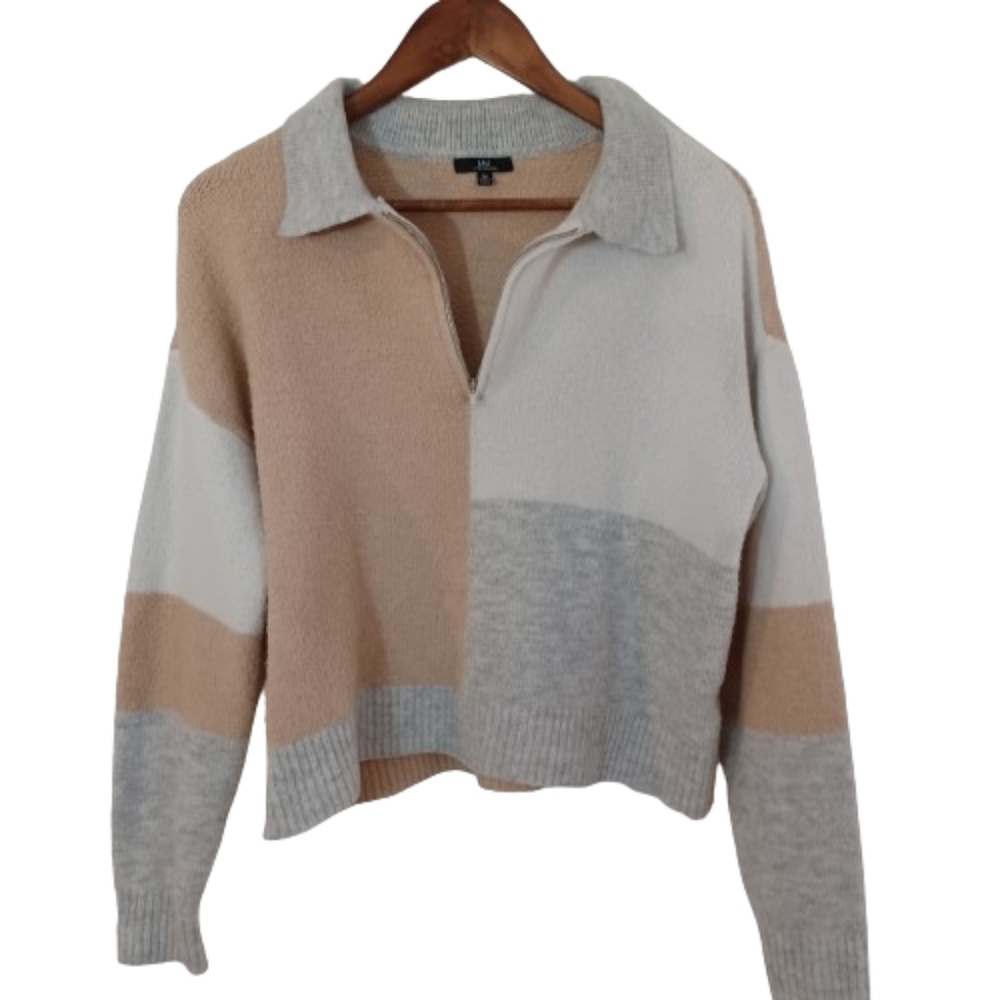MM BY MY MICHELLE Cozy Partial Zip Front Square Color Block Cardigan Sweater Top - Picture 2 of 7